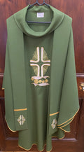 Chasuble & Stole Olive Green Cross Loaves and Fish design