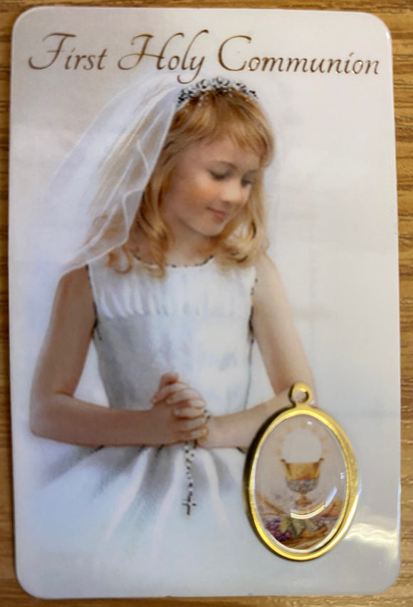 First Communion medal and card - girl