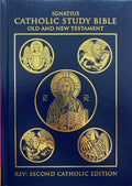 Blue and gold cover of the Ignatius Catholic Study Bible with religious symbols.