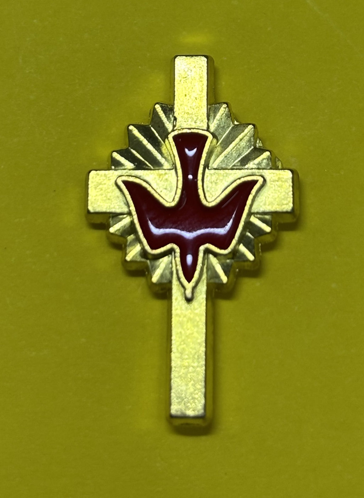 Pin red dove on gold cross