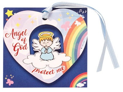 Heart shaped Angel Plaque with blue ribbon